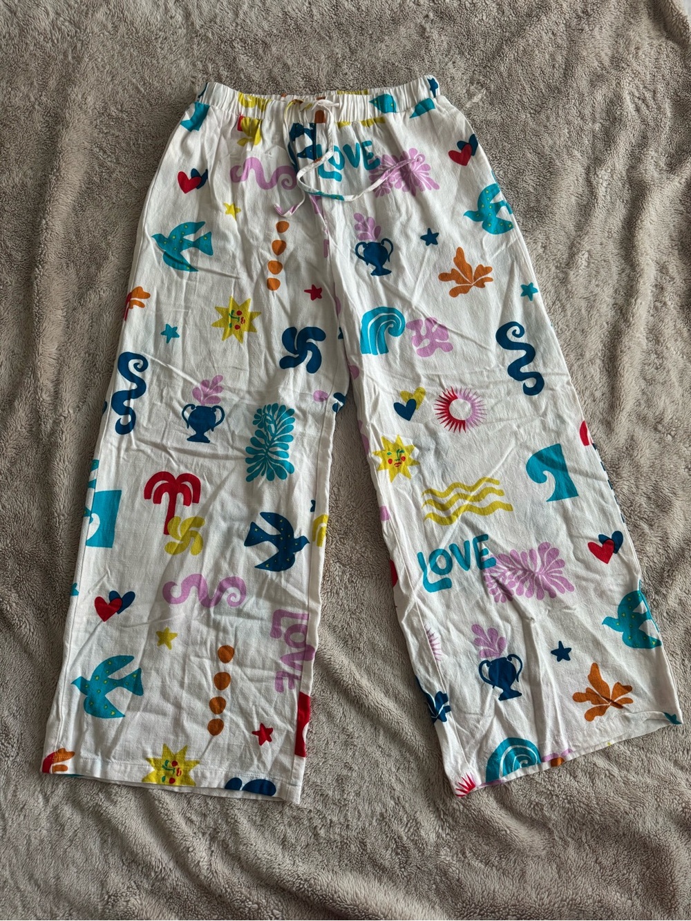 Paper Heart Linen Colorful print white wide leg pants Medium size 10
